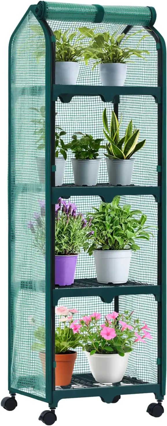 Ohuhu Mini Greenhouse for Indoor Outdoor, Small Plastic Plant Green House with Locking Wheels Portable Greenhouses with Durable Cover for Seedling, Ideal Gardening Gifts for Women Men Green by GreenHaven Gardens