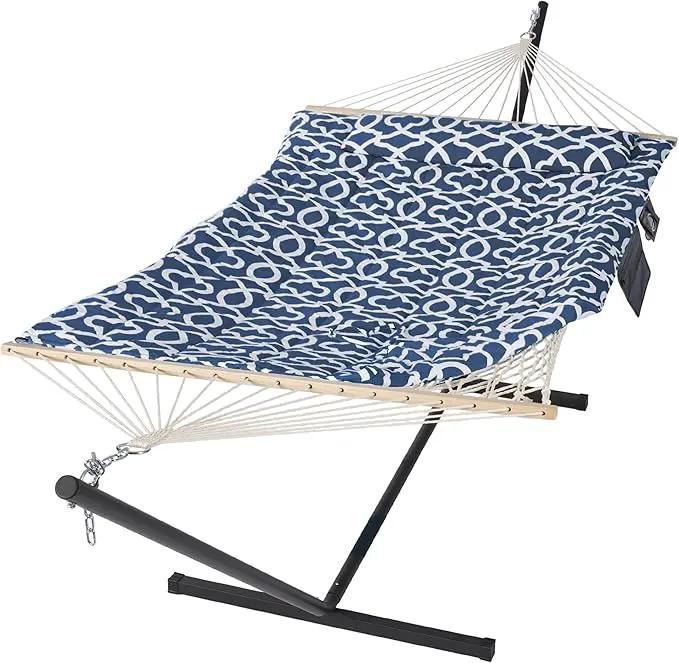 SUNCREAT Double Portable Hammock with Stand Included, 475 lbs Capactiy, Extra Large Two Person Hammock, Blue Pattern by GreenHaven Gardens