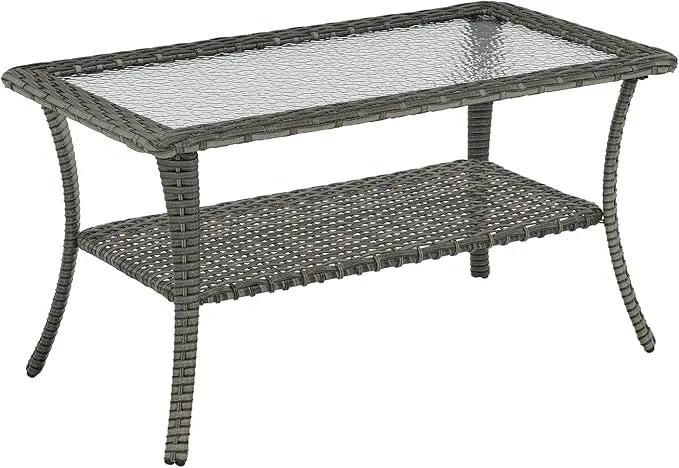 Patio Tables Outdoor Coffee Table - Wicker Rattan Coffee Tables with 2-Tier Storage Shelf Glass Top for Outside Proch Deck Balcony Garden Rectangle Mixed Grey by GreenHaven Gardens
