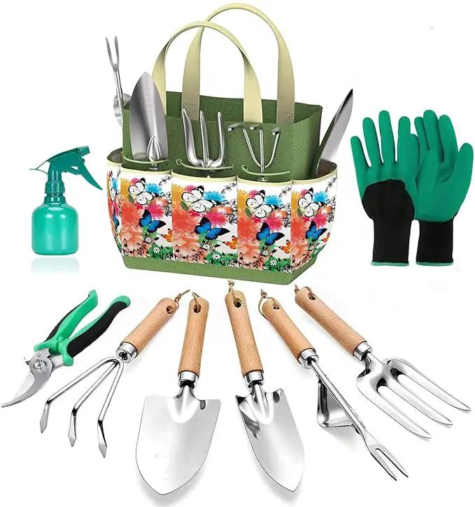 Gardening Tools Set of 9 - Complete Heavy Duty Garden Tools Set with Fashion Handbag - Durable Gardening Supplies Kit Ideal Gifts for Women by GreenHaven Gardens
