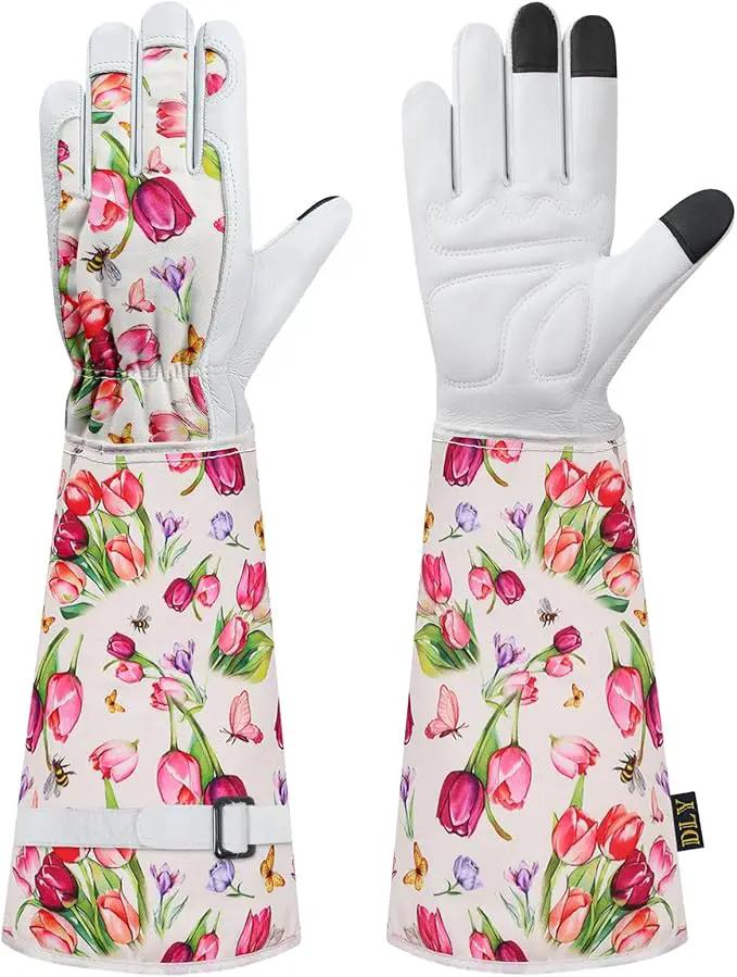 DLY Gardening Gloves for Women, Rose Gloves Gardening Thorn Proof, Long Garden Gloves for Women, Breathable Cowhide Leather Gauntlet(X-Large,White) by GreenHaven Gardens