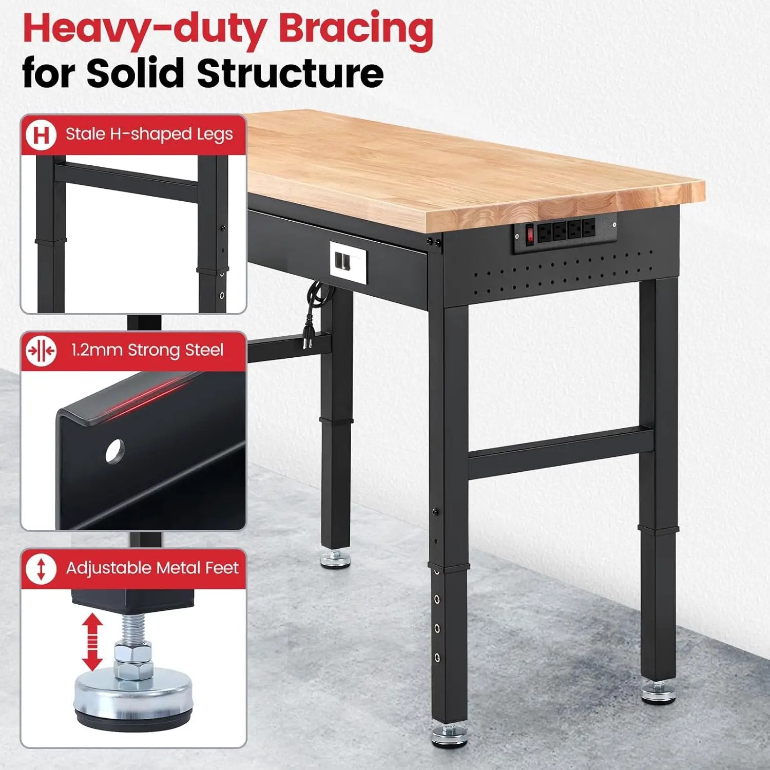 Workbench with Shelf Bracket 48 x 24 Inch Heavy Duty Rubberwood Tabletop Work Table Adjustable Height Work Bench with Drawer, Power Outlets for Garage Woodworking Shop, Home, Office by GreenHaven Gardens