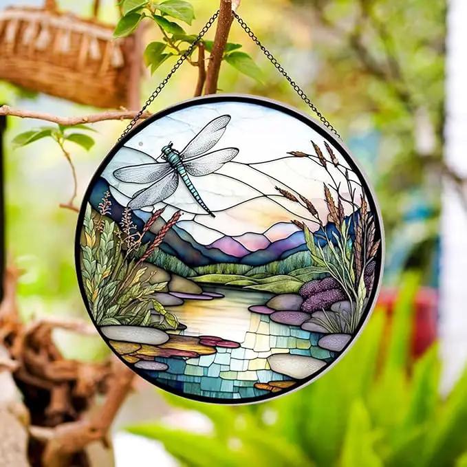 River and Dragonfly Pattern Suncatcher Stained Glass,Hanging Stained Glass for Windows,20cm/7.87inch Hand-Painted Sun Catcher Garden Hangings Painted Glass Panel Decor Themed Gift by GreenHaven Gardens