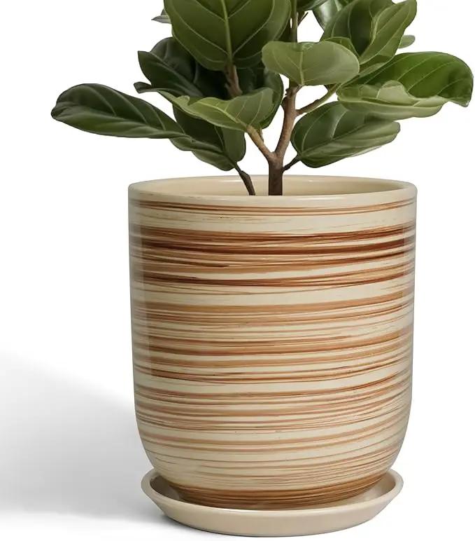 Ceramic Planter 10 Inch - Ceramic Pots for Indoor Plants Outdoor Large Plant Pot with Drainage Hole and Saucer Cylinder Flower Pot Yellow by GreenHaven Gardens