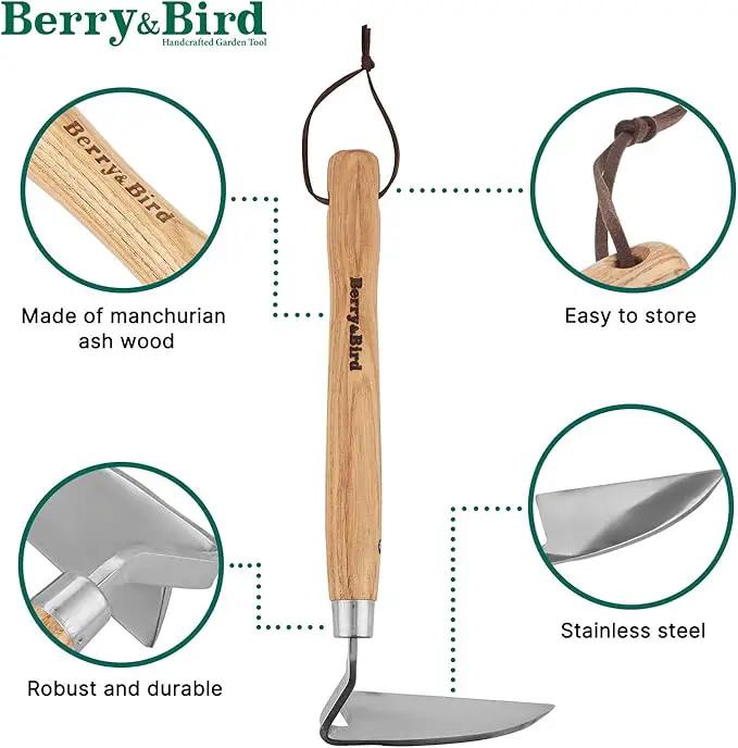 Berry&Bird Japanese Weeder-Scraper-Hoe, 12.67-Inch Gardening Sickle Hoe, Stainless Steel Bent Angle Weeding Sickle, Weeder Hoe with Ergonomic Ash Wood Handle for Weeding, Soil loosening, Digging by GreenHaven Gardens
