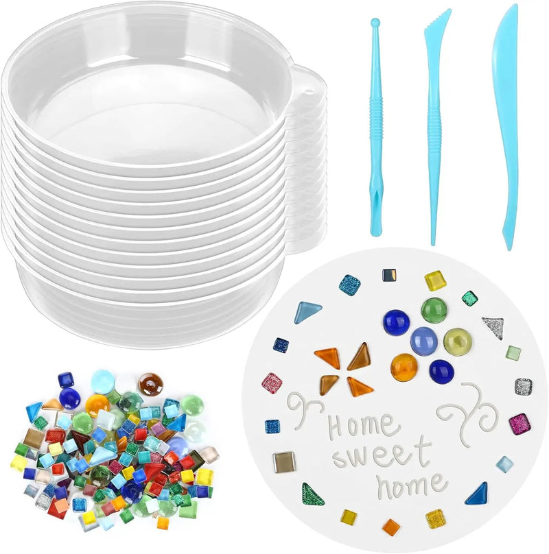 24 Pcs Stepping Stone Kit Includes Concrete Mold, Mosaic Tiles and Carving Tools, DIY Craft Handmade Stepping Stone Kit for Kids, Family, Garden Outdoor Decor, No Concrete Mix (Round,12 Inch) by GreenHaven Gardens
