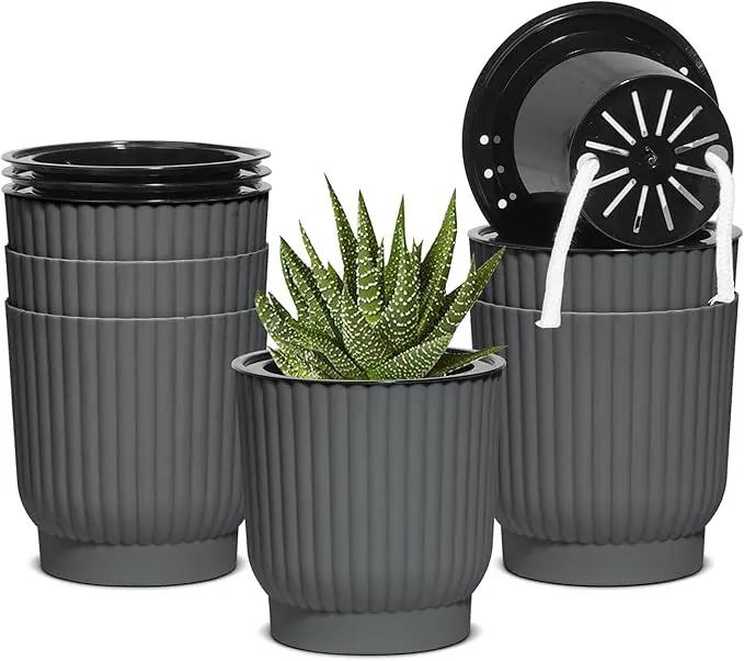 T4U African Violet Pots, 4 Inch Self Watering Pots for Indoor Plants, 6 Pack Small Planters, Durable Charcoal Gray Plastic Small Pots for Indoor Plants, Flower by GreenHaven Gardens