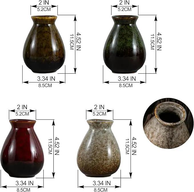 JOJUNO Glazed Rustic Bud Vase Set of 4 - Small Ceramic Mini Pottery Vases in White, Yellow, Green, Red - Ideal for Fresh & Dried Flowers - Modern Farmhouse Décor for Living Room, Shelves, Dining Table by GreenHaven Gardens