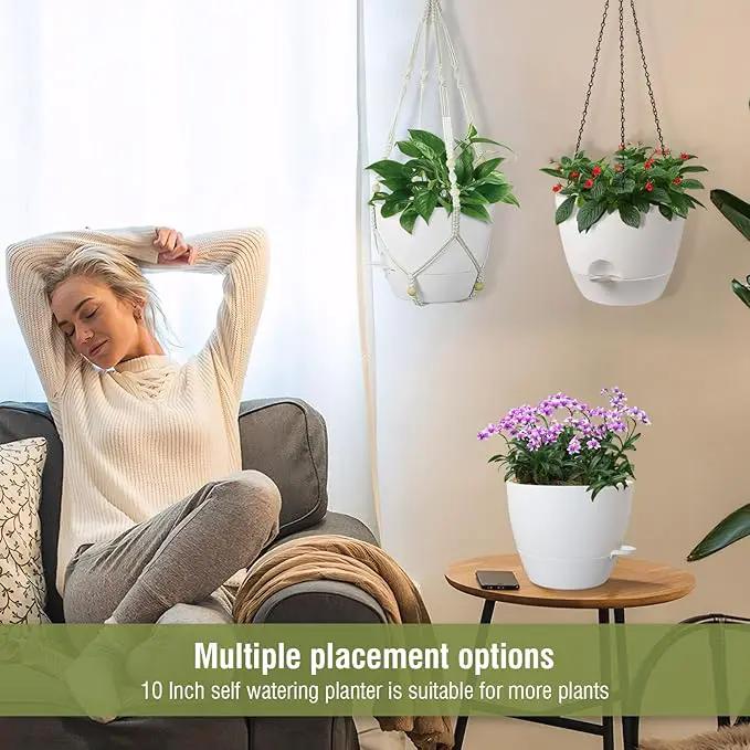 10 inch Self Watering Hanging Planters, 2 Pack Hanging Flower Pots for Indoor Outdoor Plants, Hanging Baskets with Drainage Holes & 2 Kinds of Plant Hangers for Garden Home Decor, White by GreenHaven Gardens