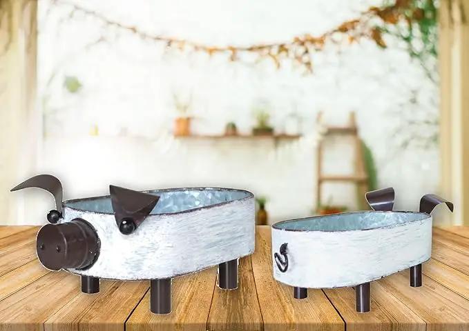 Galvanized Metal White Washed Farmhouse Pig Tray Distressed Pig Tabletop Centerpiece Décor Set of 2 by GreenHaven Gardens