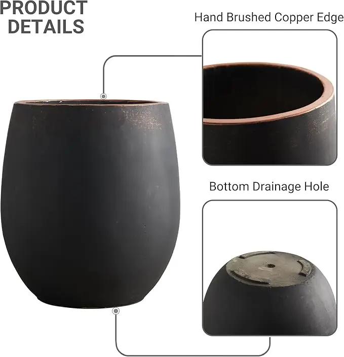 15.5" H Outdoor Concrete Planter, Round Flower Pot with Drainage Hole and Silicone Plug, Plant Container for Garden, Patio, Home, Office, Black, Copper Rim, 1 Pack by GreenHaven Gardens