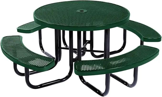 Heavy-Duty Portable Outdoor Picnic Table with Umbrella Hole, Punched Steel Commercial-Grade Patio Dining Furniture Made in America (46" Round Top, Green) by GreenHaven Gardens