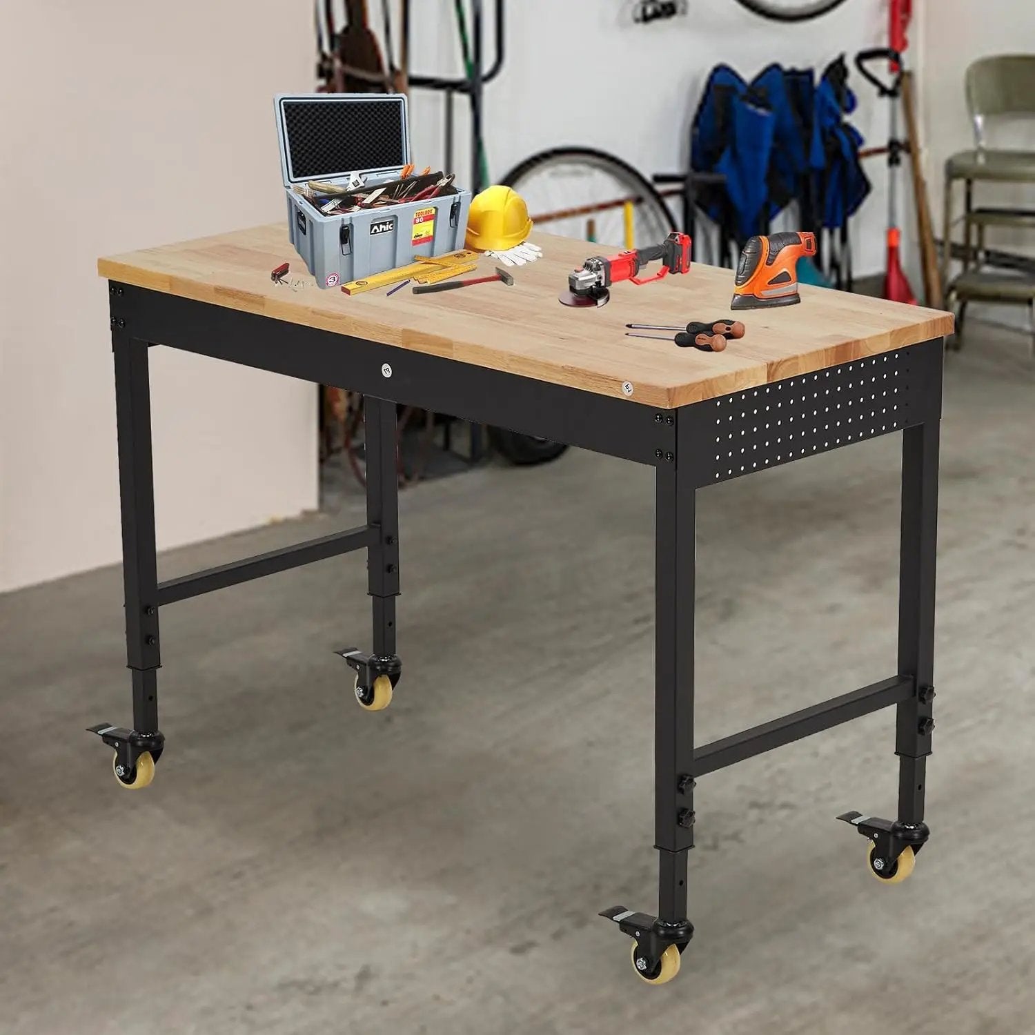 72'' Adjustable Workbench, Heavy Duty Workbench with Power Outlet and Lockable Wheels, 2000 LBS Capacity, Work Table Suitable for Office, Garage, Workshop by GreenHaven Gardens