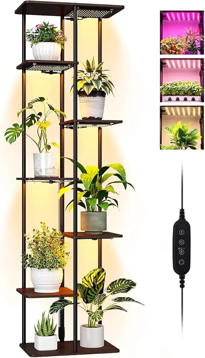 Indoor Plant Stand with Grow Lights , 7 Tier Corner Wooden Tall Grow Light Stand for Indoor Plants , Full Spectrum Dimmable 50W(5x10W) LED Grow Light Panel with Timer for Garden , Living Room by GreenHaven Gardens