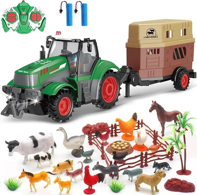 fisca Remote Control Tactor Toy Set & 33PSC Farm Vehicle Playset - Animal Figurines ,2.4GHz 1/24 Scale RC Tractor,Livestock Trailer, Fence with Light for Kids Age 4, 5, 6, 7 and Up Years Old by GreenHaven Gardens