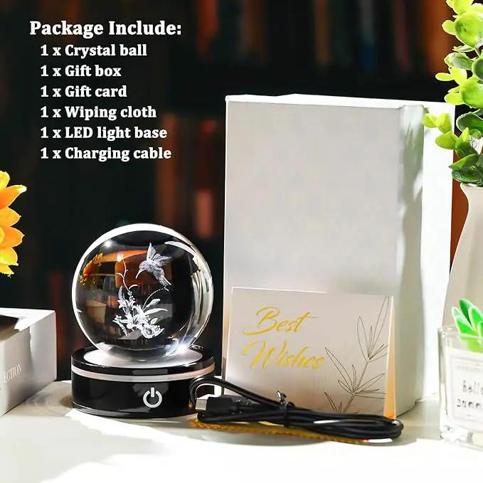 YWHL 3D Hummingbird Figurine Crystal Ball with Light Base, Hummingbird Gifts for Women Men on Christmas Birthday, 3D Laser Engraved Hummingbird Ornament Glass Decorative Ball for Home Office (80mm) by GreenHaven Gardens