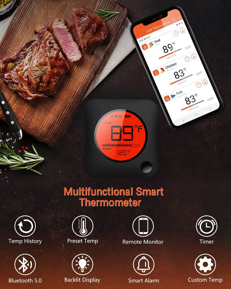 BFOUR Bluetooth Meat Thermometer Wireless Meat Thermometer, Wireless Digital Grill Thermometer with 6 Temperature Probes, Large LCD Display, Bluetooth Thermometer for Grill, Smoker, Oven and BBQ by GreenHaven Gardens