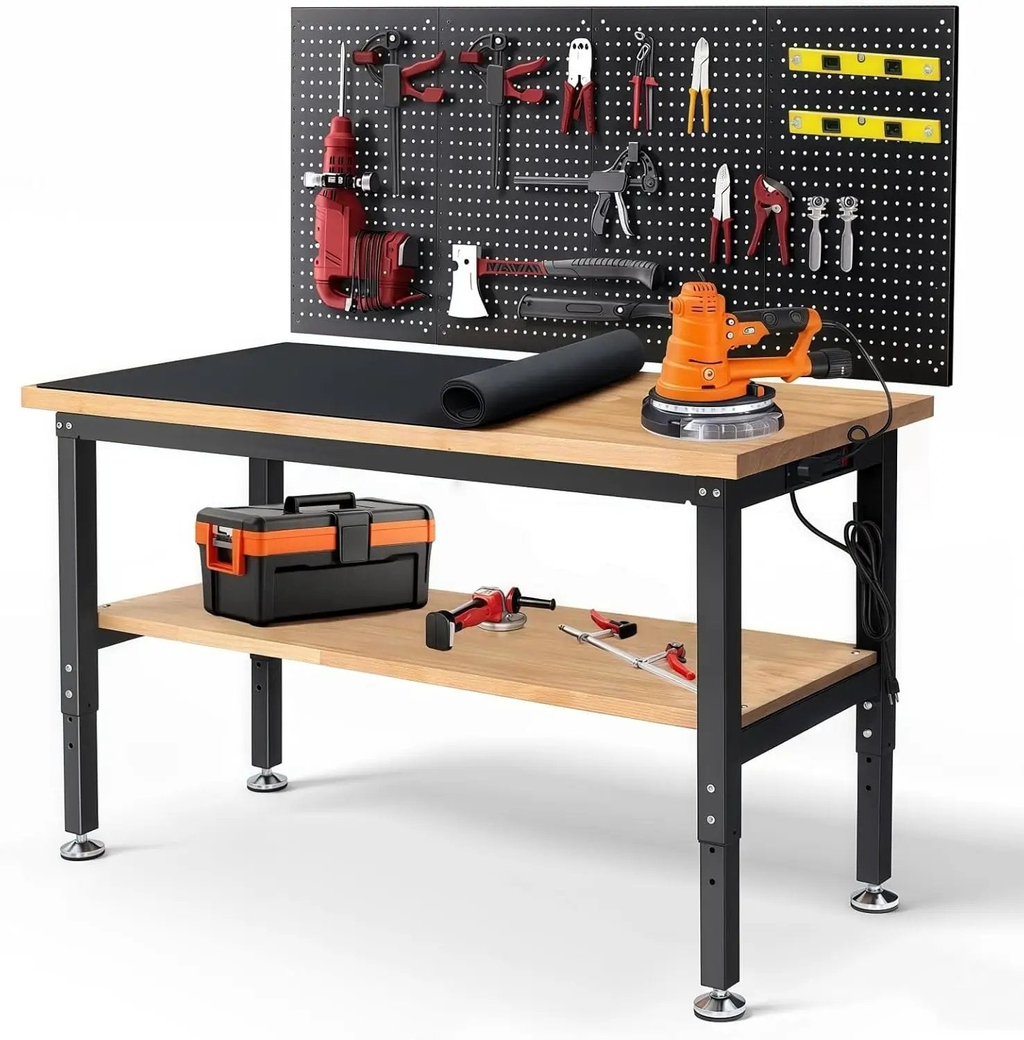 Work Table for Garage 60 x 22 Inch Adjustable Height Workbench Heavy Duty Rubberwood Tabletop Work Bench with Power Outlets Pegboard Pad for Woodworking Shop, Home, Office by GreenHaven Gardens