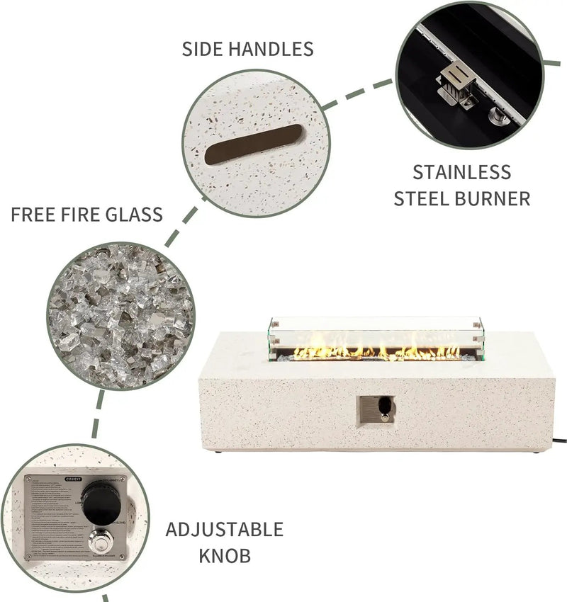 COSIEST Outdoor Propane Fire Pit Table, 56" x 28" Rectangle Terrazzo White Concrete-Like Finish, CSA Certified, 50,000 BTU Stainless Steel Burner w Transparent Gray Fire Glass, Wind Guard, Raincover by GreenHaven Gardens
