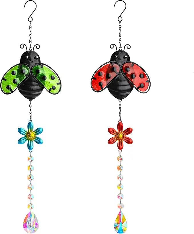 19'' Crystal Garden Suncatcher Decor Set 2 Stained Glass Metal Ladybugs Window Hanging Crystal Prisms Suncatcher for Outdoors Rainbow Maker (Red & Green) by GreenHaven Gardens