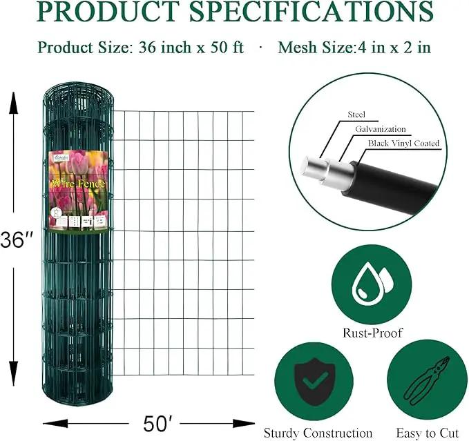 Green PVC Coated Welded Wire Fence 36 Inch x 50 Foot, 2 Inch x 4 Inch 14GA, Garden Border Fencing Roll Vinyl Coating Metal Wire Mesh Hardware Cloth for Yard Vegetable Plant Protection by GreenHaven Gardens