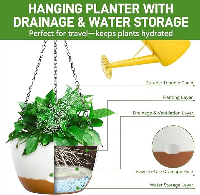 10 Inch Hanging Planters for Indoor & Outdoor Use (2 Pack) - Self-Watering & Drainage Flower Pots with Chain & Macrame Hangers (White, 10 in) by GreenHaven Gardens