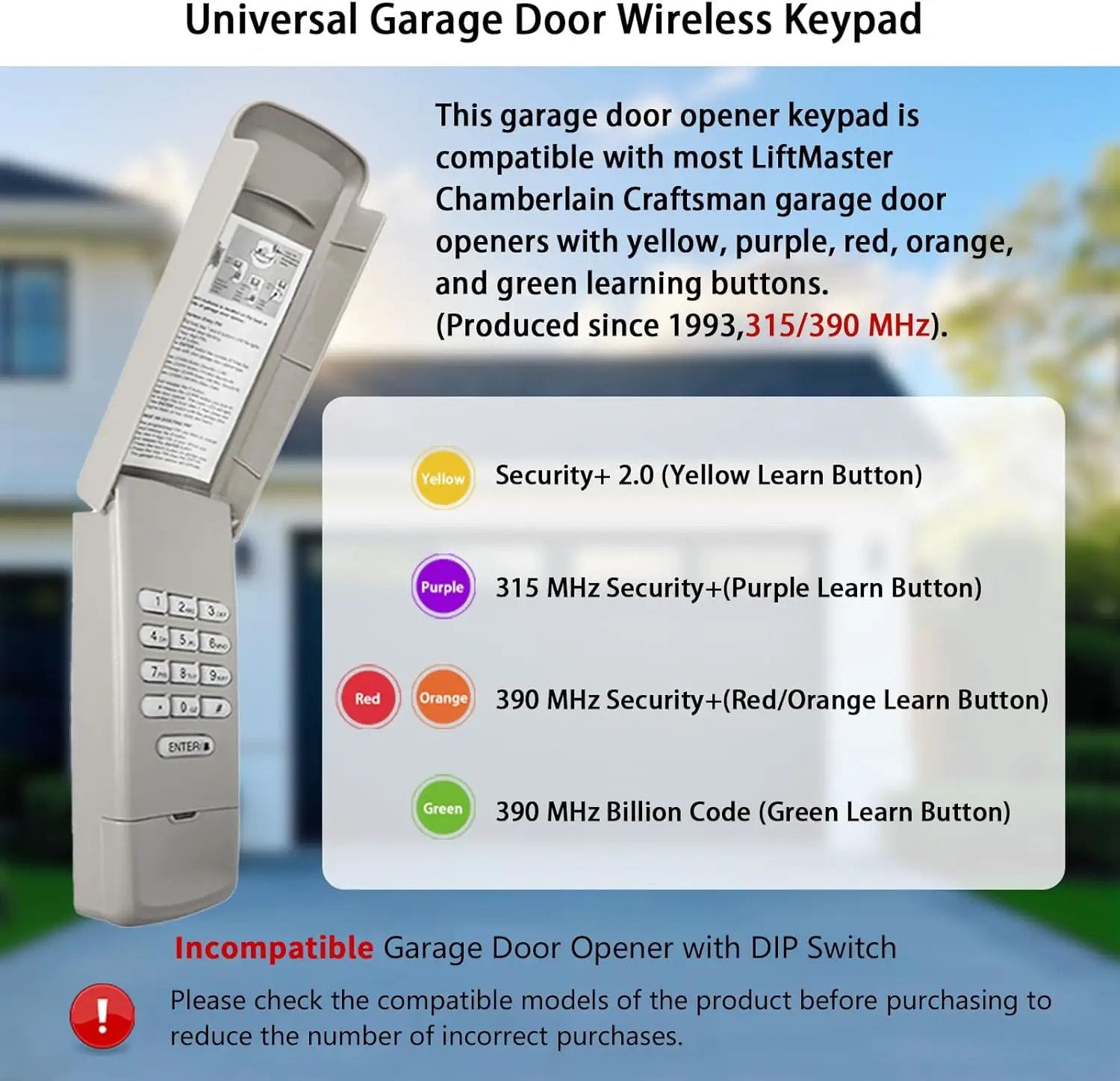 Garage Door Opener Keypad Compatible with Liftmaster Chamberlain Craftsman Garage Door Opener Universal Keypad Wireless Keyless Entry Outside Remote with 315/390 MHZ Learn Button Since 1993 by GreenHaven Gardens
