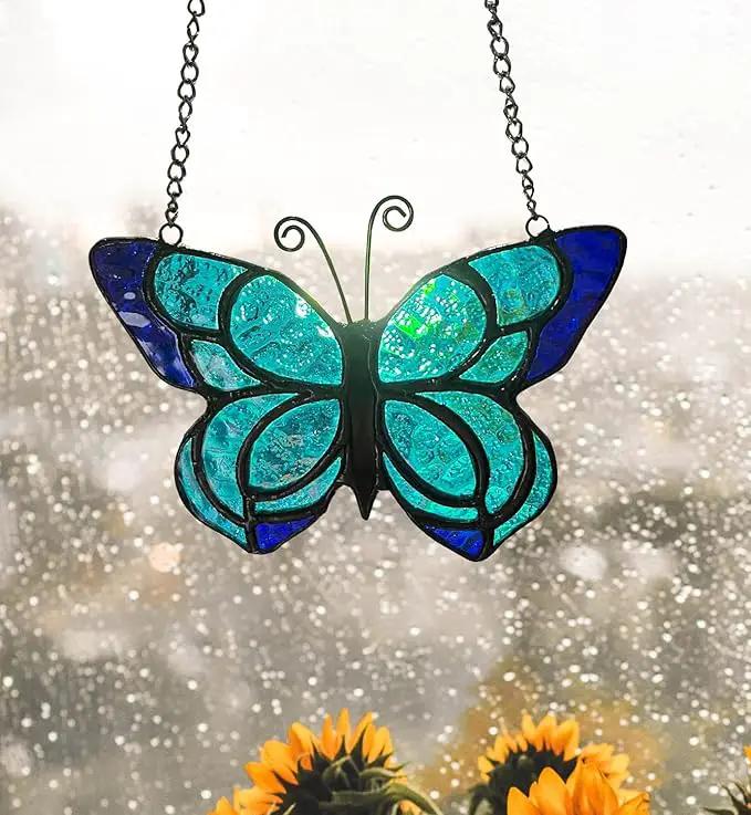 Blue Butterfly Suncatcher Stained Glass Window Hanging Panel Christmas Decor,Glass Butterfly Gift for Mom, Women 5.9×5.3Inch by GreenHaven Gardens