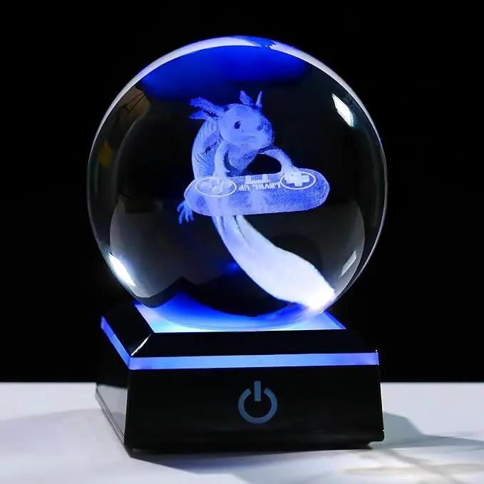 Axolotl Glass Animals Gamer Room Decor - 3D Crystal Ball Night Light Statue, 3.15'' Gamer Gifts for Kids by GreenHaven Gardens
