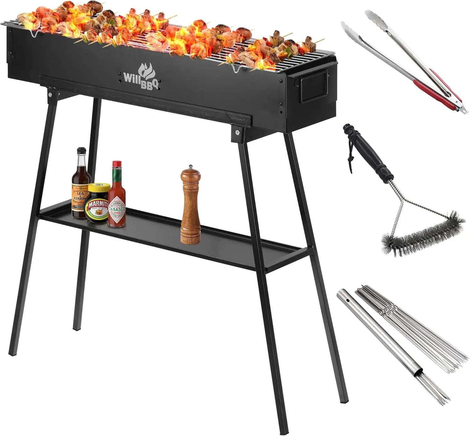 Charcoal Grills Commercial Quality Portable Multiple Size Hibachi BBQ Lamb Skewer Folded Camping Barbecue Grill for Backyard Party Picnic Use(31.6x7.1x5.1 inch With Accessories),BLACK by GreenHaven Gardens