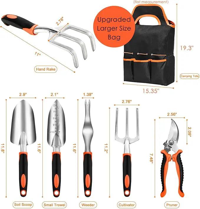 Garden Tool Set with Non Slip Rubber Grip,8 Piece Stainless Steel Gardening Tool Sets,Heavy Duty Outdoor Hand Tools Durable Storage Tote Bag,Uprooting Weeding Tool, Gifts for Women Men(Orange) by GreenHaven Gardens