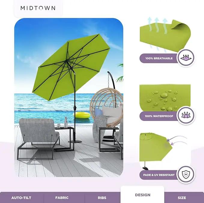Midtown Umbrellas 10-Year-No-Fade - 10 Ft - UV Proof Pear (Green) Polyester Fabric - Umbrella Outdoor Patio, Aluminum Frame Large Patio Umbrella for Garden, Pool & Deck - Black Pole by GreenHaven Gardens