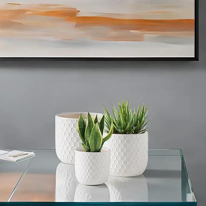 Docrin Plant Pots Indoor with Drainage: 6.4+5.3+4 Inch Ceramic Flower Pots for Plants - Set of 3 Modern Decorative Planters for House/Office/Gift - White Honeycomb by GreenHaven Gardens