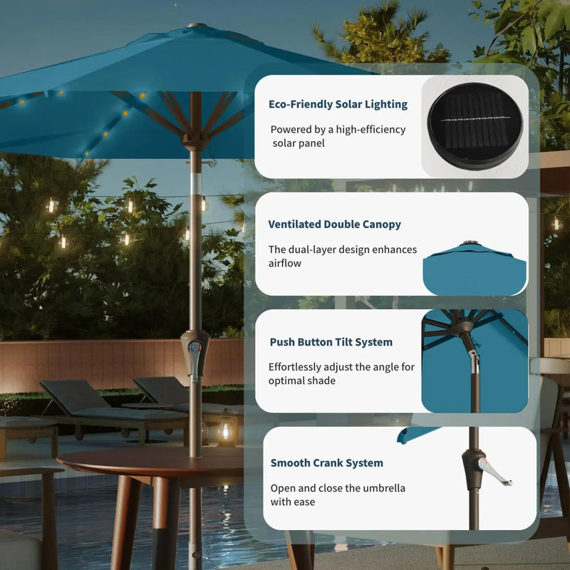 9FT Solar Umbrella 32 LED Lighted Patio Umbrella Table Market Umbrella w/Tilt and Crank, UV-Resistant Outdoor Umbrella for Pool, Garden, Deck, Lake Blue by GreenHaven Gardens