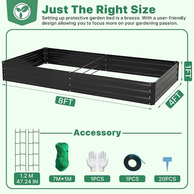 ONCEMORE Galvanized Raised Garden Bed for Vegetables Flowers Herbs, Metal Raised Garden Bed Kit with 2 PCS Tomato Cage, Gloves, Trellis Netting, Plant Labels, Plant Ties, Black 8×4×1FT by GreenHaven Gardens