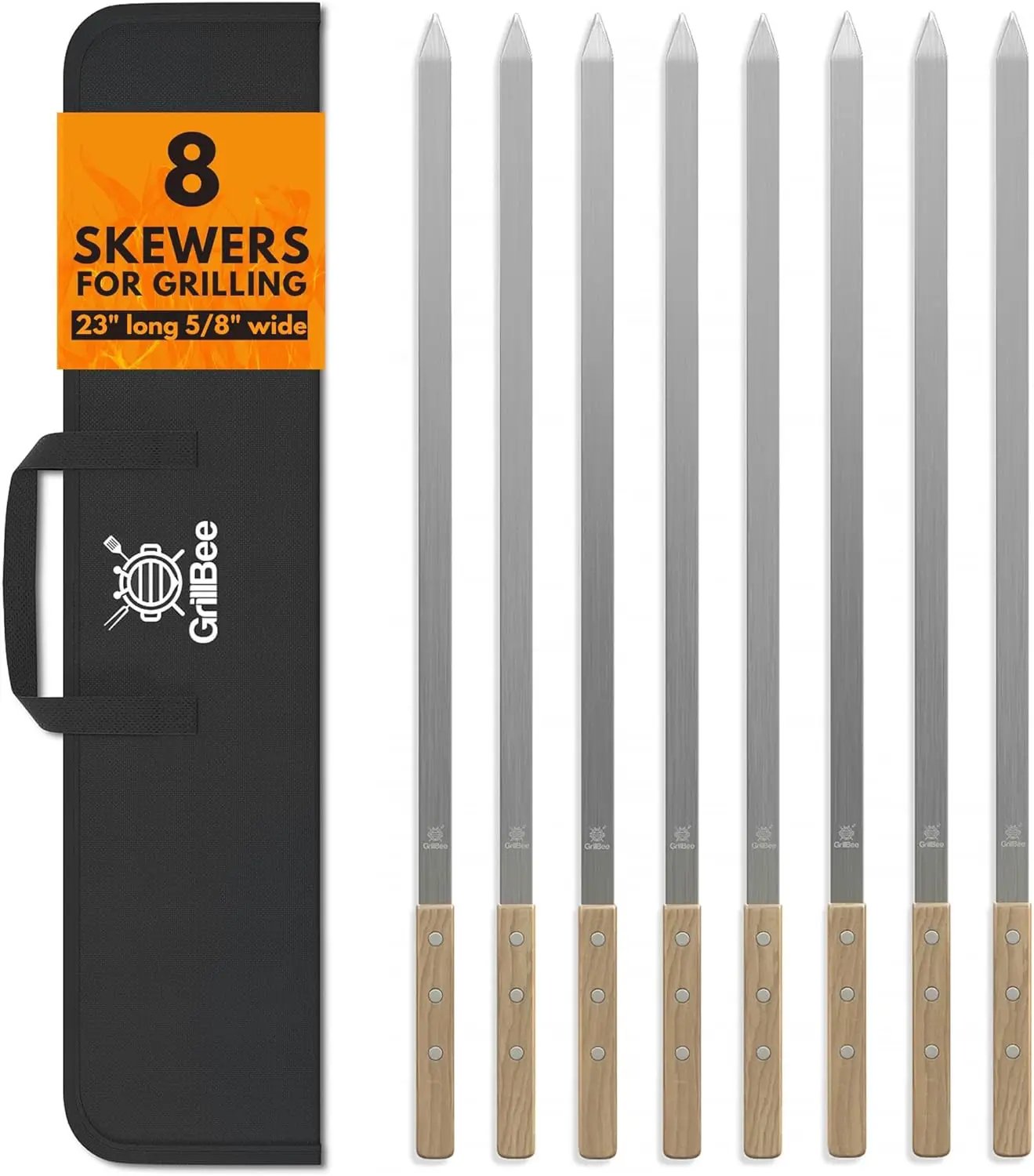 Premium Kabob Skewers 23 inch Long and 5/8 inch Wide Stainless Steel Flat Reusable Metal Skewers for Grilling BBQ - Chicken Kebab, 8pc Set with Bag by GreenHaven Gardens
