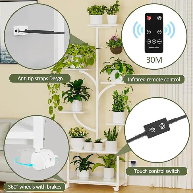 Plant Stand Indoor with Grow Lights, 60" Tall 7-Tier Metal Plant Stand with Wheels & Tree-Shaped Design for Indoor Plants, Flower Holder Display Rack for Home, Patio - White by GreenHaven Gardens
