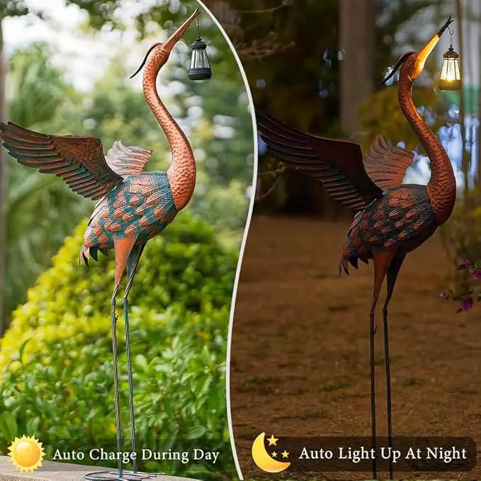 48'' Heron Garden Statue, Large Crane Outdoor Statue with Solar Lantern, Crane Bird Metal Yard Art for Outside Backyard, Pond, Porch Decor by GreenHaven Gardens