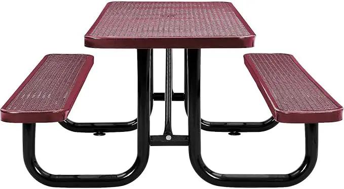 Global Industrial 6’L Rectangular Picnic Table, Expanded Metal, Red Thermoplastic Coating, Attached Benches, 1-1/2” Umbrella Pole Hole, Outdoor-Rated, 1000 lb Capacity, 72” x 30” Tabletop by GreenHaven Gardens