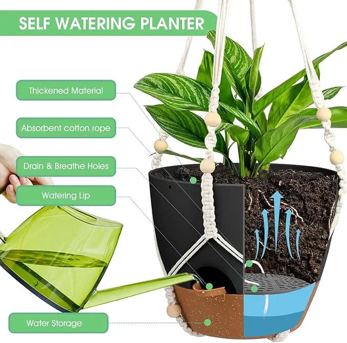 Hanging Planters for Indoor Outdoor Plants, 2 Pack Self Watering Hanging Pot with Drainage Holes, Removable Tray & 2 Kinds of Plant Hangers, 10'' Hanging Flower Pots for Home Garden Decor, Black by GreenHaven Gardens