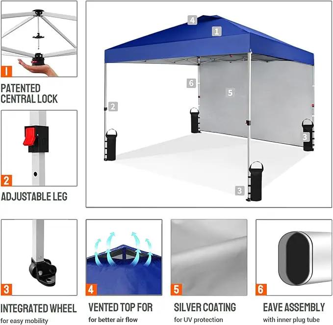 CROWN SHADES 10x10 Pop Up Canopy with 1 Side Wall - Beach Tent with One Push Setup - Outdoor Sun Shade for Events, Parties, Camping - Gazebo with STO-N-Go Cover Bag (Navy Blue) by GreenHaven Gardens