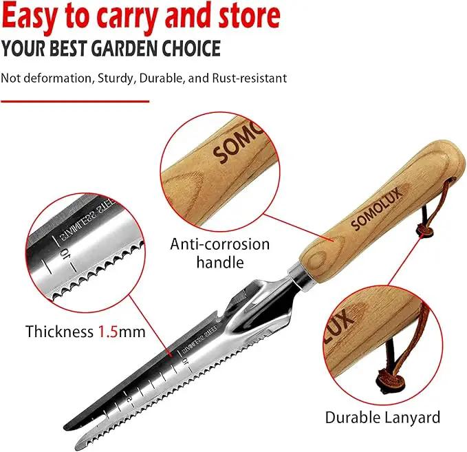 SOMOLUX Multifunctional Garden Tool Stainless Steel Shovel Hand Weeder with Wood Handle Soil Knife Tool for Planting Weeding Digging Transplanting Cutting Measuring by GreenHaven Gardens