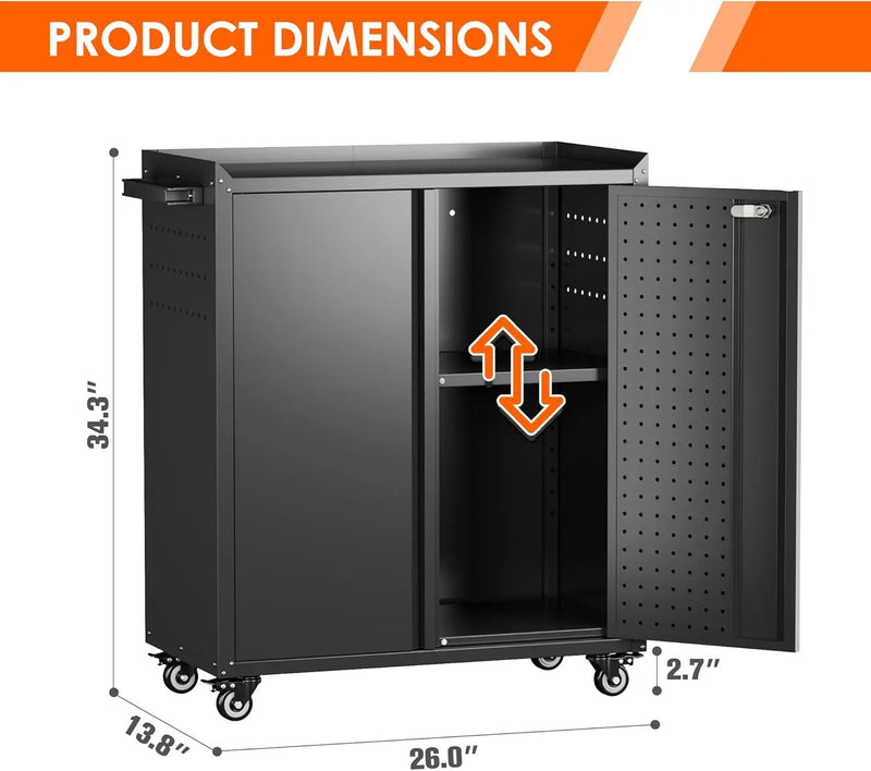 Garage Storage Cabinet with Wheels & Pegboard, 34.3" H Locking Metal Tool Storage Cabinet with Doors and Shelf & 4 Hooks for Garage, Home, Workshops, Assembly Required, Black by GreenHaven Gardens