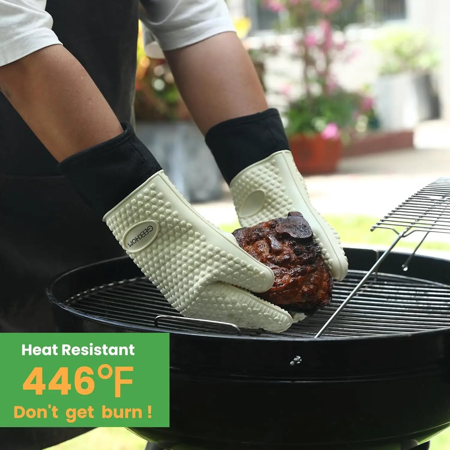 GEEKHOM BBQ Gloves Heat Resistant Oven Mitts - Silicone Grilling Gloves with 14" Long Arm Protection - Waterproof Pot Holder Non-Slip for Men & Women, Kitchen Cooking, Baking, Camping, Beige by GreenHaven Gardens