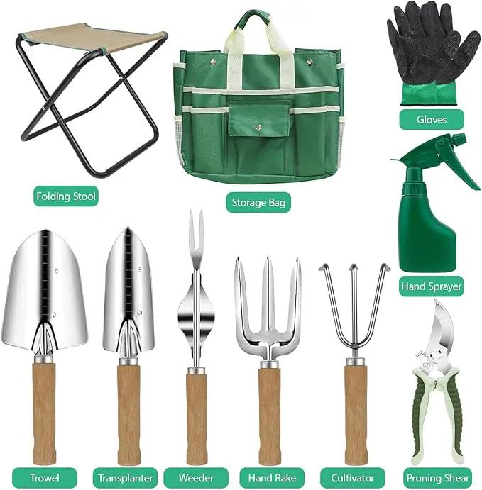 LeMotech Garden Tool Set,10 Pieces Heavy Duty Gardenting Tool Kit, Folding Stool with Detachable Tote Bag, Thicker Stainless Steel Tools (Trans-Planter,Trowel,Weeder etc.) for Women Men by GreenHaven Gardens
