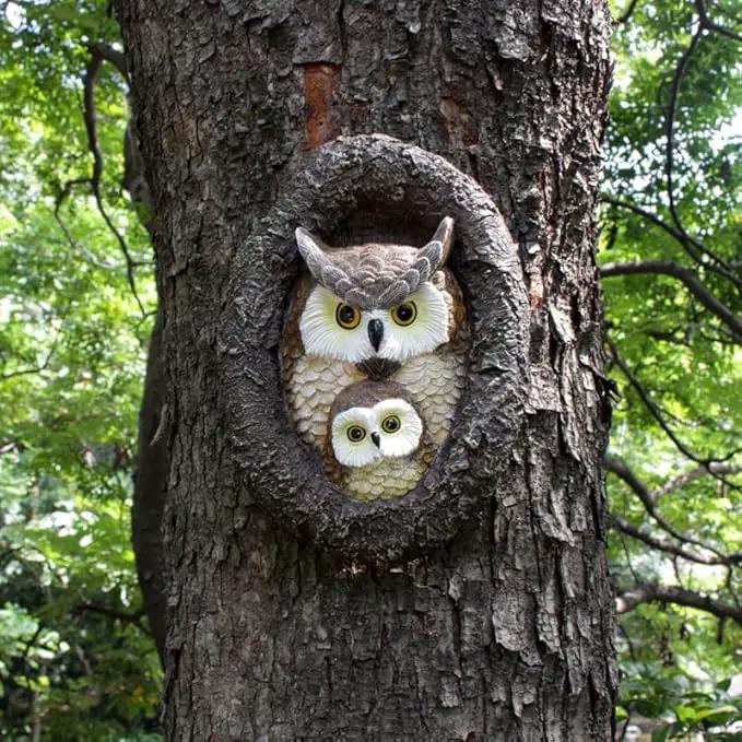 Owl Tree Hugger Whimsical Tree Sculpture Garden Statues Outdoor Tree Face Decor Garden Peeker Yard Art Decorations (Mom and Baby Owl) by GreenHaven Gardens