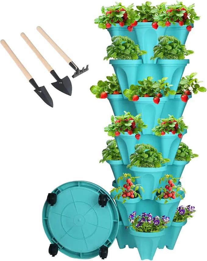 Vertical Planter 7 Tier Stackable Planters Garden Planters Strawberry Herb Flower and Vegetable Planter Indoor Outdoor Gardening Pots with Removable Wheels and Tools by GreenHaven Gardens