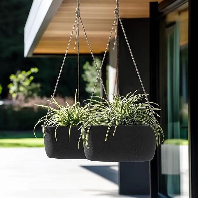 La Jolie Maison Large Hanging Planters - 12 Inch Outdoor Flower Pots, Hanging Garden Planters Set of 2, Black Charcoal by GreenHaven Gardens