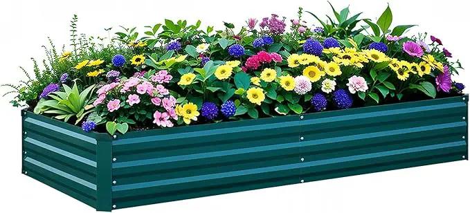 Raised Garden Bed Green, 8x4x1FT Garden box Outdoor for Gardening Vegetables Flower, Garden Raised Planter Box Large, Metal Raised Bed by GreenHaven Gardens