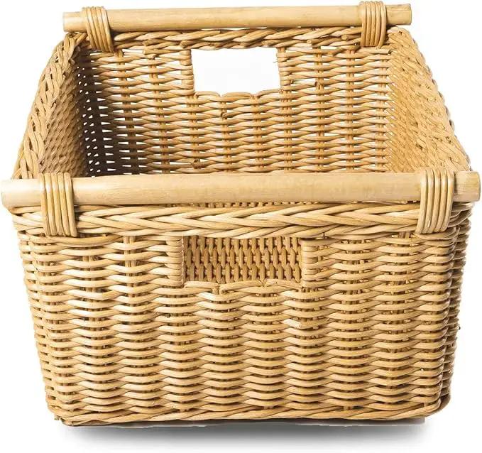 The Basket Lady Pole Handle Wicker Storage Basket, Small, 14 in L x 10 in W x 7.5 in H, Sandstone by GreenHaven Gardens